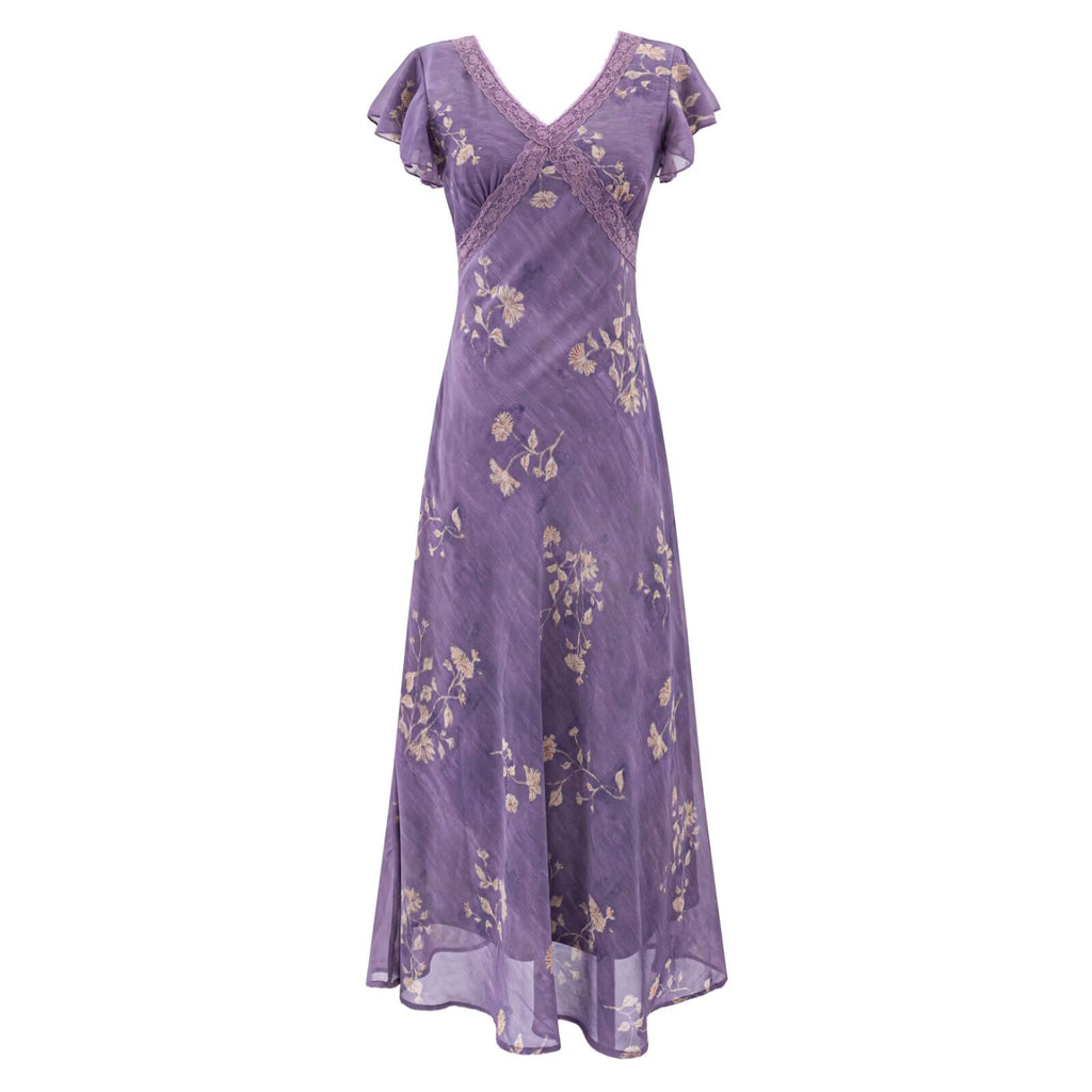 Purple lace floral midi dress with V-neck and full gathered skirt