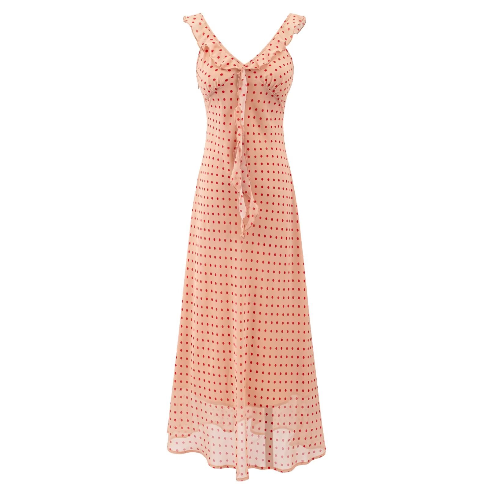 Sheath dress in pale pink with small dot print, sleeveless and ruffled V-neck