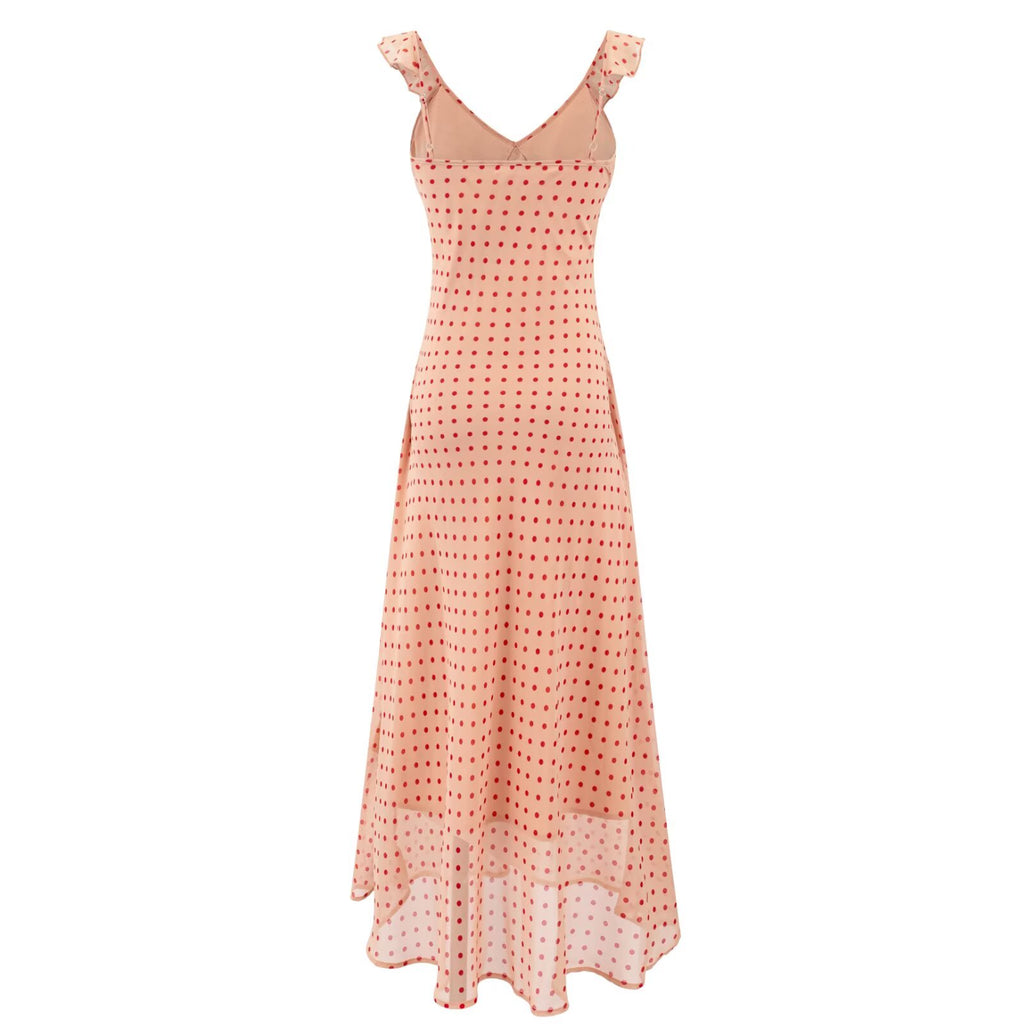 Sheath dress in peach with small dot print, V-neck and ruffled shoulder straps