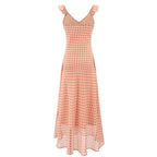 Sheath dress in peach with small dot print, V-neck and ruffled shoulder straps