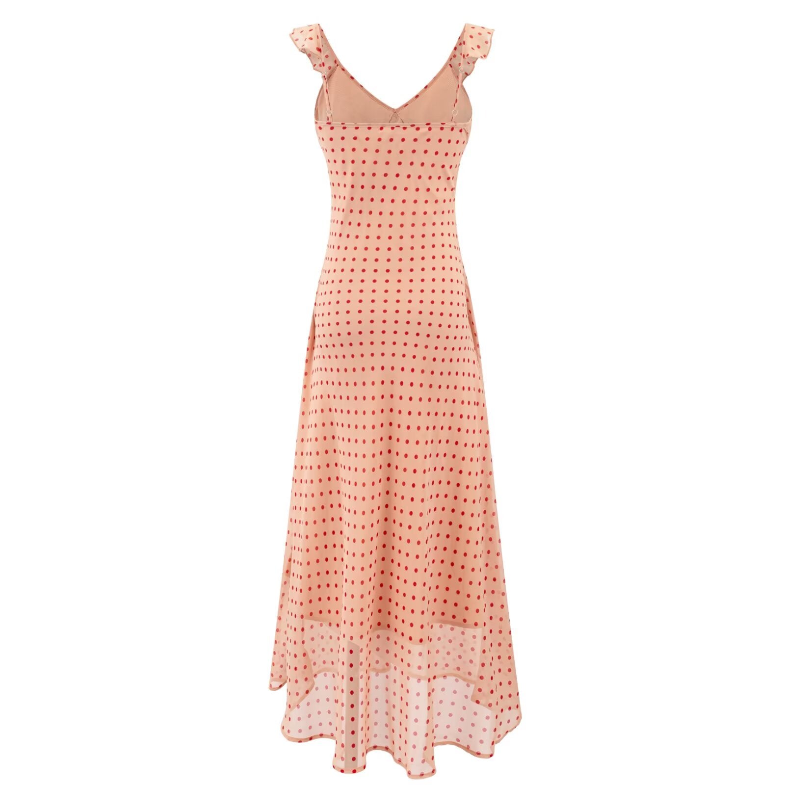 Sheath dress in peach with small dot print, V-neck and ruffled shoulder straps