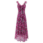 Sleeveless sheath dress with magenta floral print, V-neck and ruffled shoulder straps