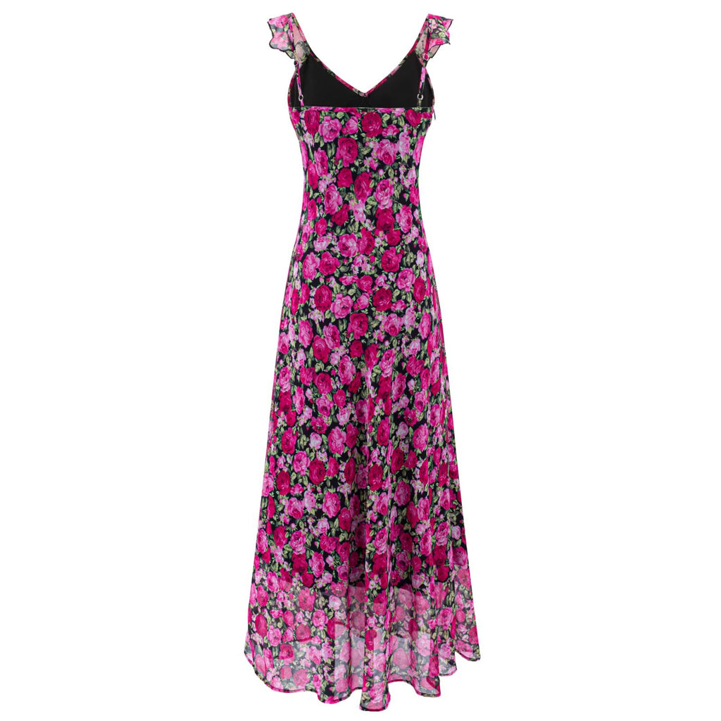 Sheath dress with magenta floral print on dark base, sleeveless V-neck and ruffles