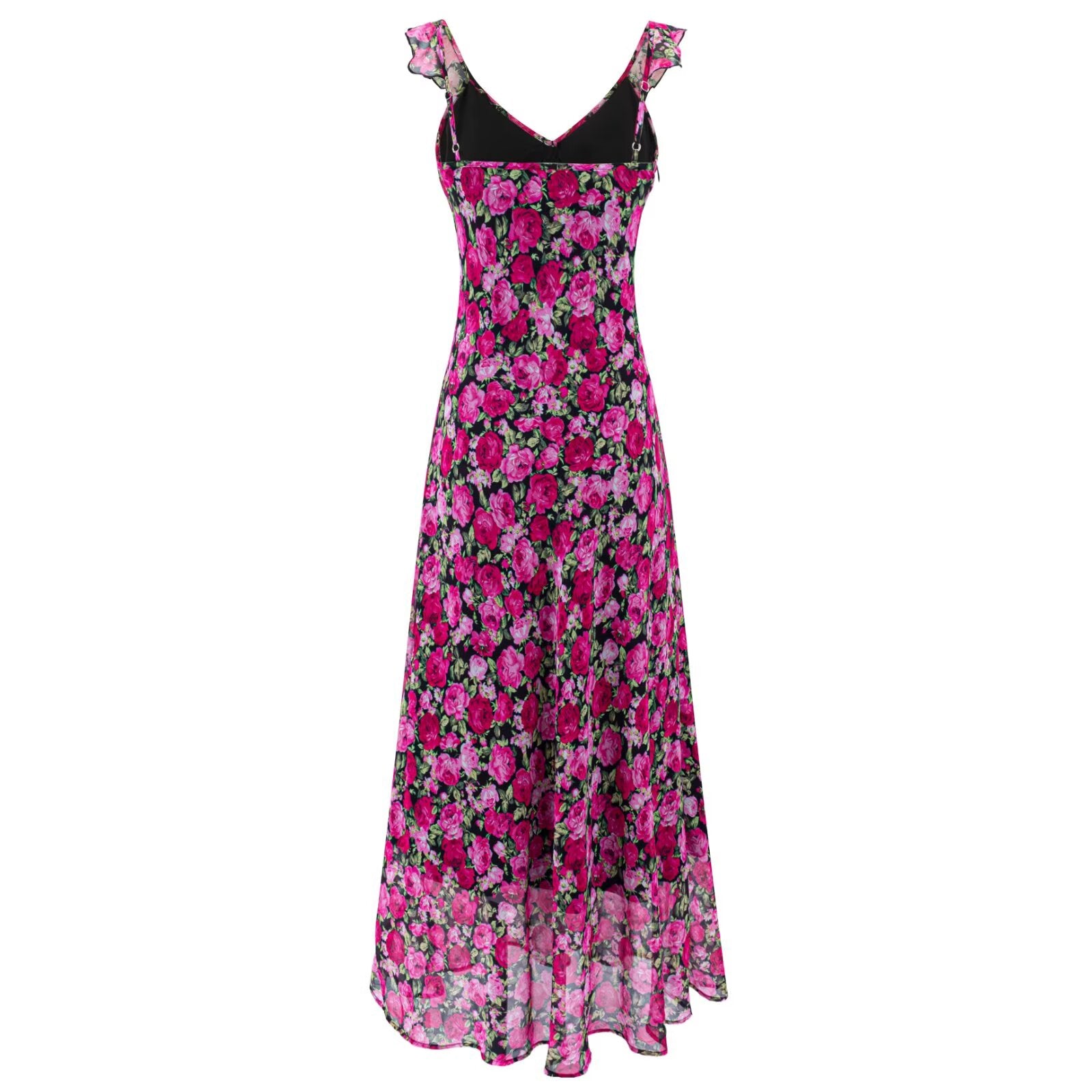 Sheath dress with magenta floral print on dark base, sleeveless V-neck and ruffles
