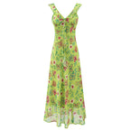 Sleeveless sheath dress in light green with colorful floral print, V-neck ruffle straps