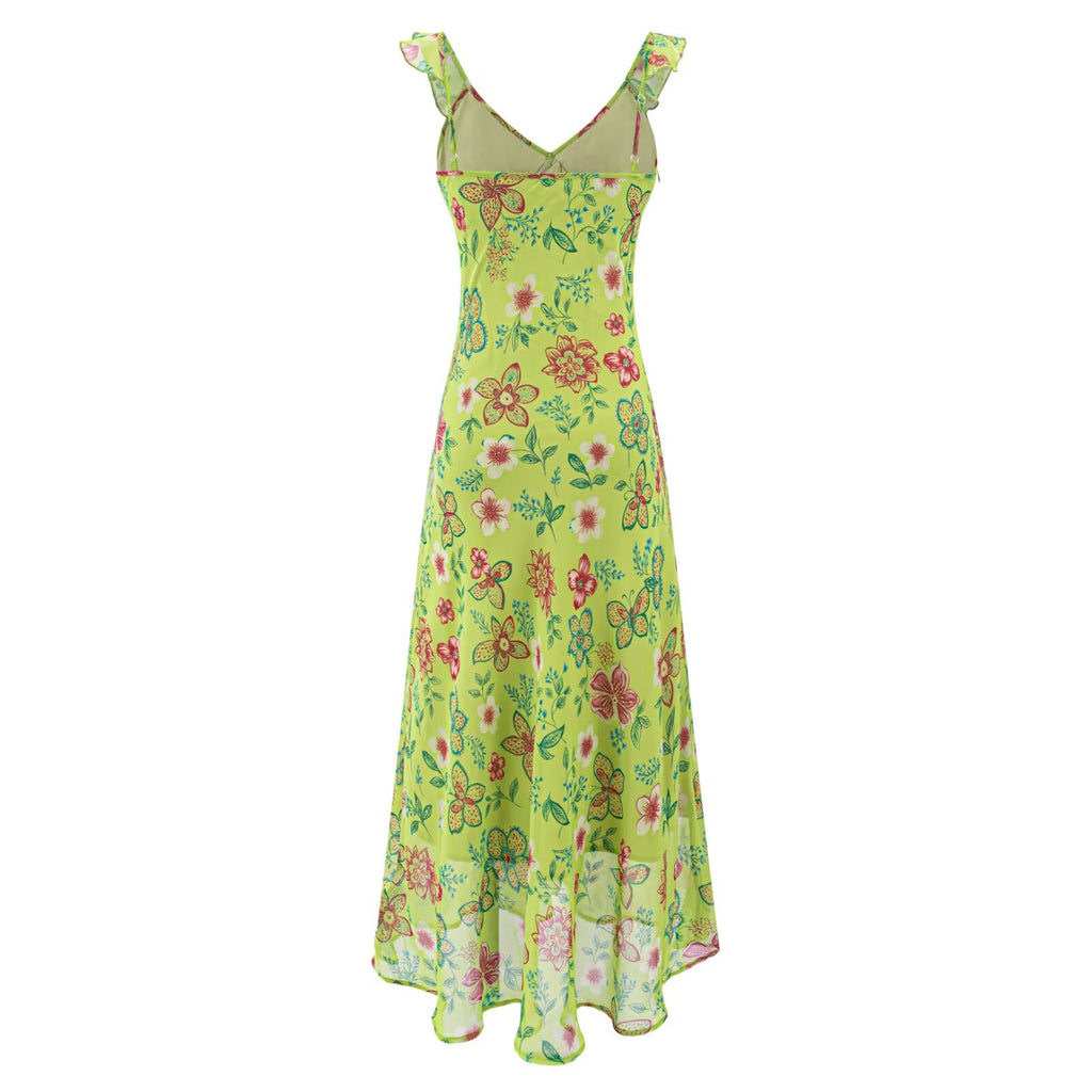 Sheath dress in lime green with colorful floral print, V-neck and ruffled straps