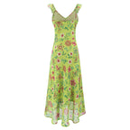 Sheath dress in lime green with colorful floral print, V-neck and ruffled straps