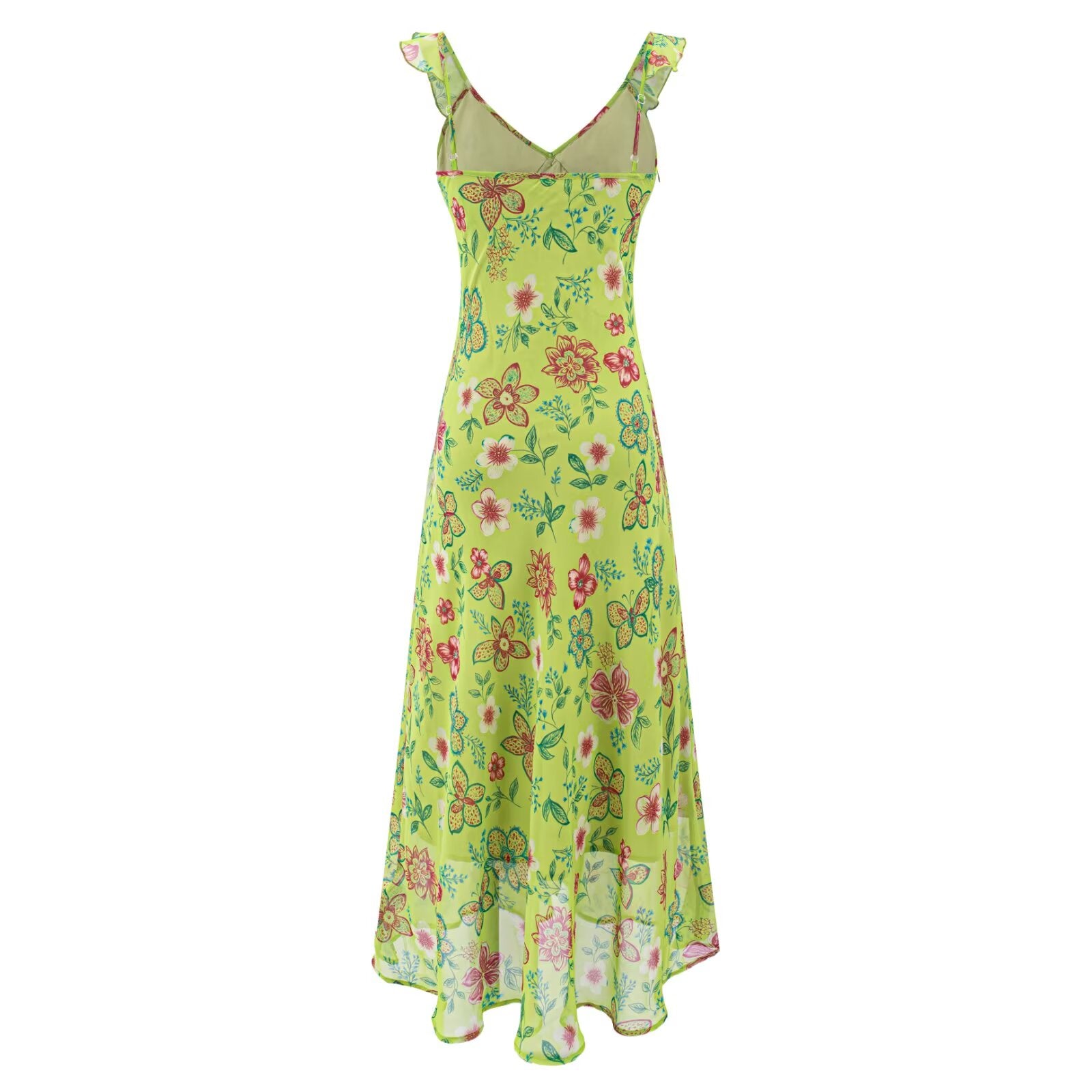 Sheath dress in lime green with colorful floral print, V-neck and ruffled straps