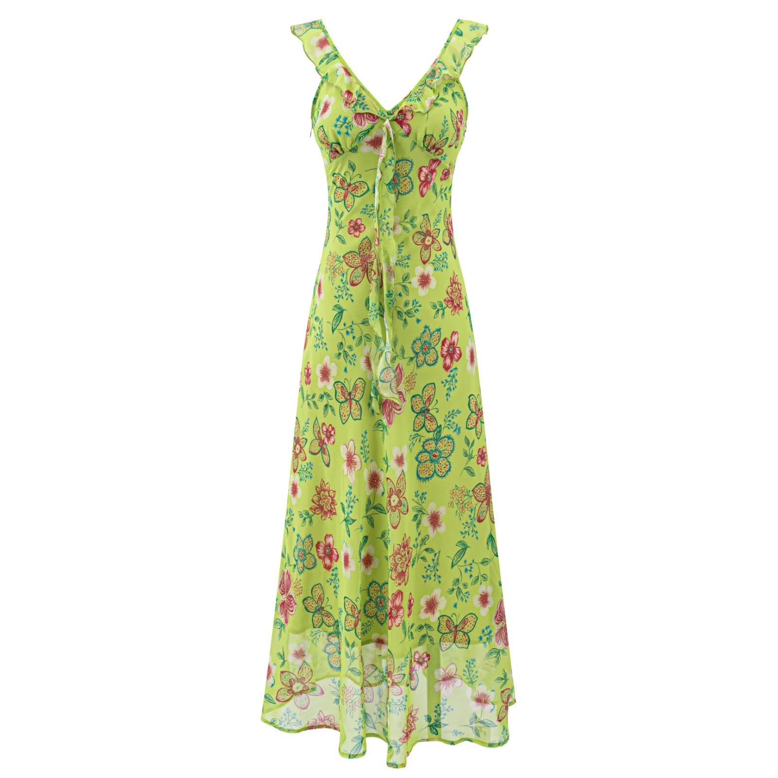 Long sheath dress in bright green with colorful floral print, sleeveless V-neck ruffles