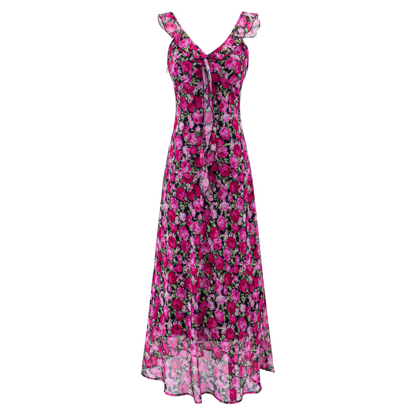 Magenta floral sheath dress on dark base, sleeveless V-neck with ruffled straps