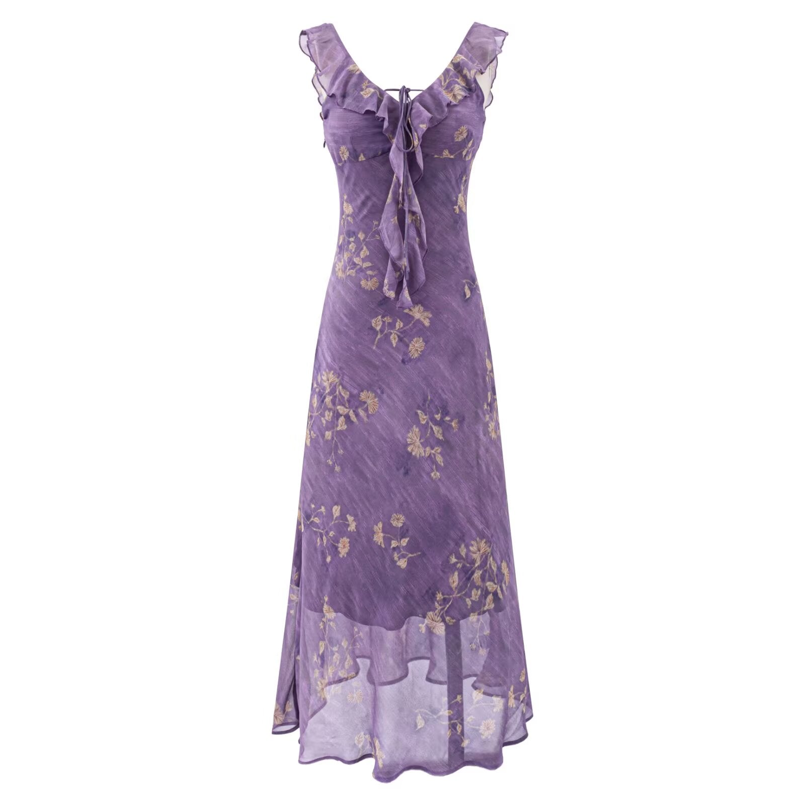 Purple sleeveless summer dress with ruffled neckline, tie bow, and gold floral print