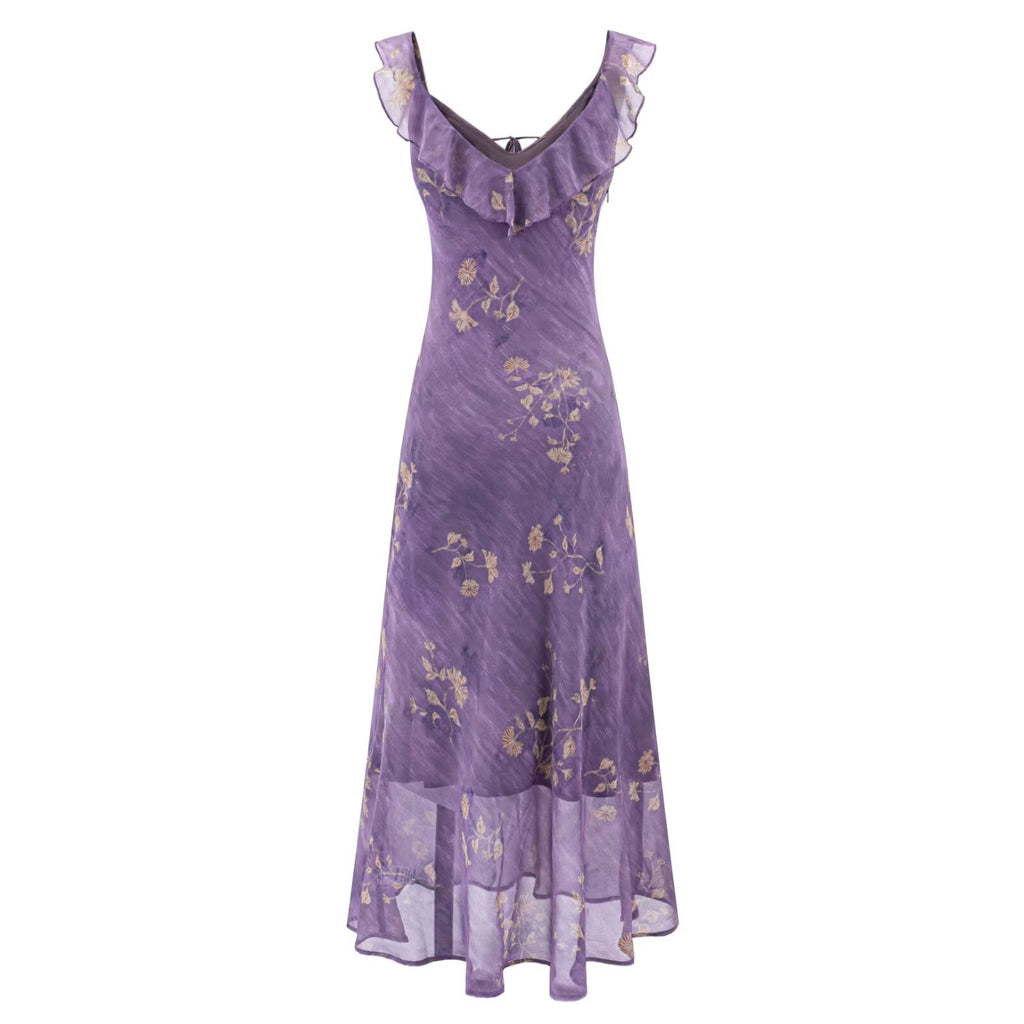 Purple sleeveless dress with ruffled V neckline and layered ruffle hem, gold print