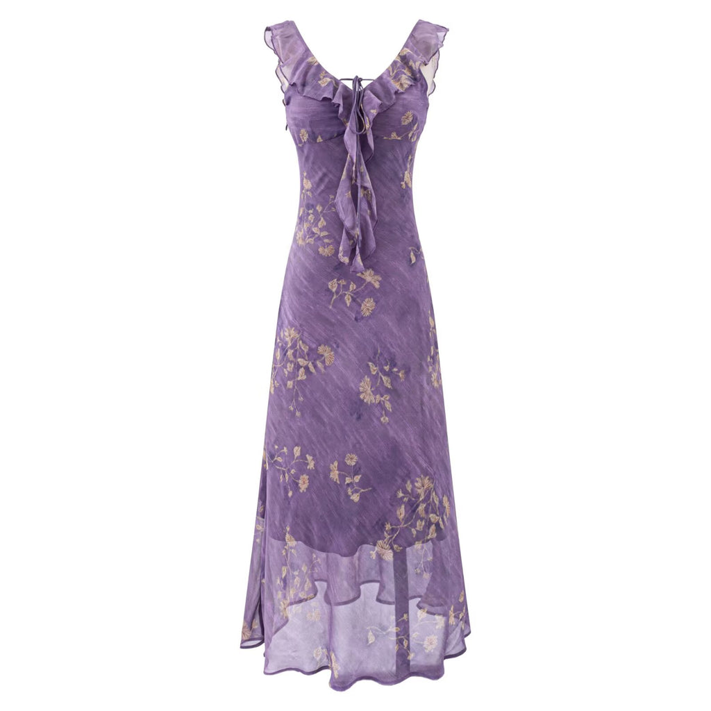Purple sleeveless tie-neck summer dress, ruffled shoulders and gold floral pattern