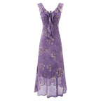 Purple sleeveless tie-neck summer dress, ruffled shoulders and gold floral pattern