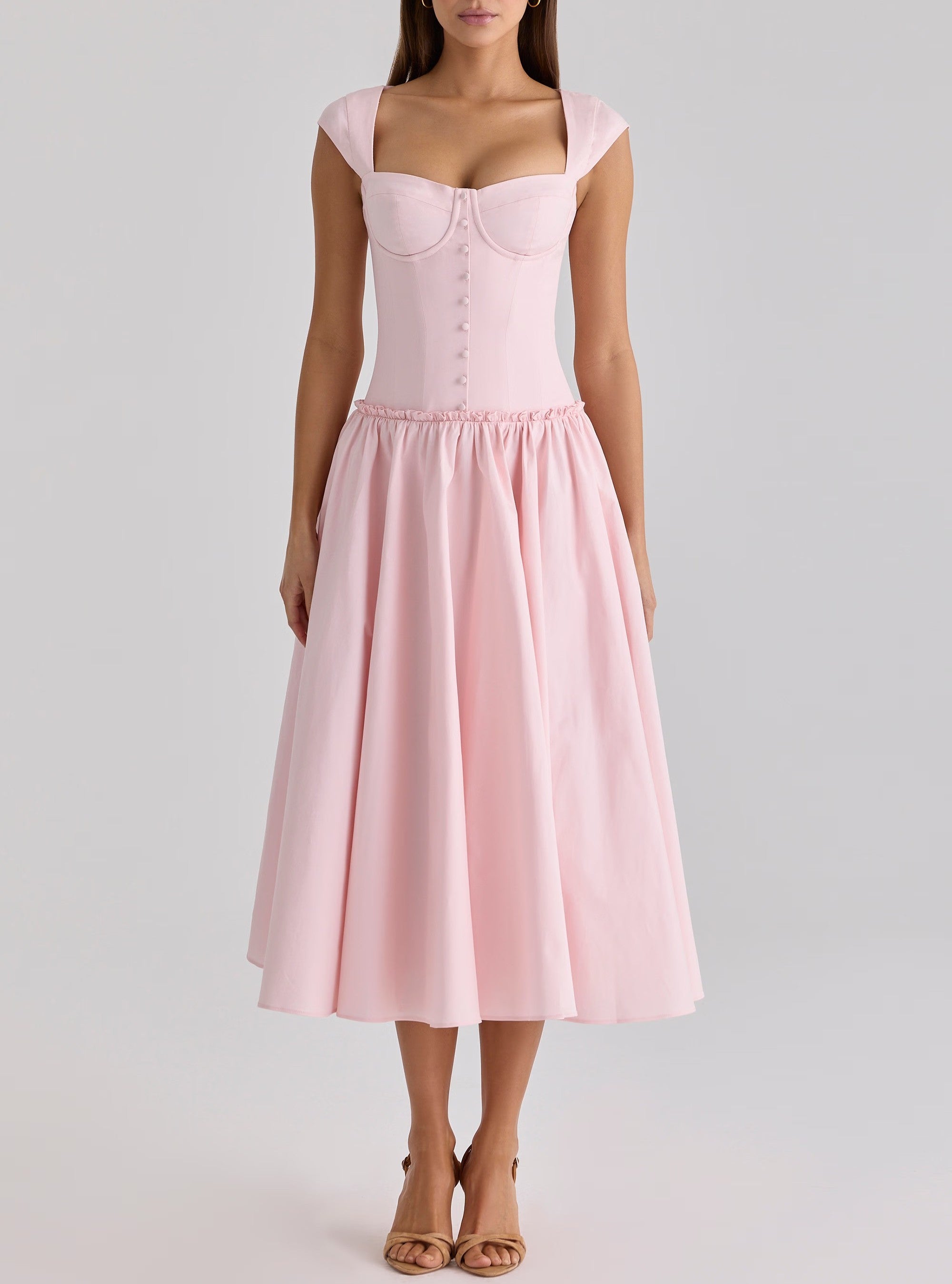 Pink cocktail formal dress with corset-style bodice, wide straps, gathered midi skirt