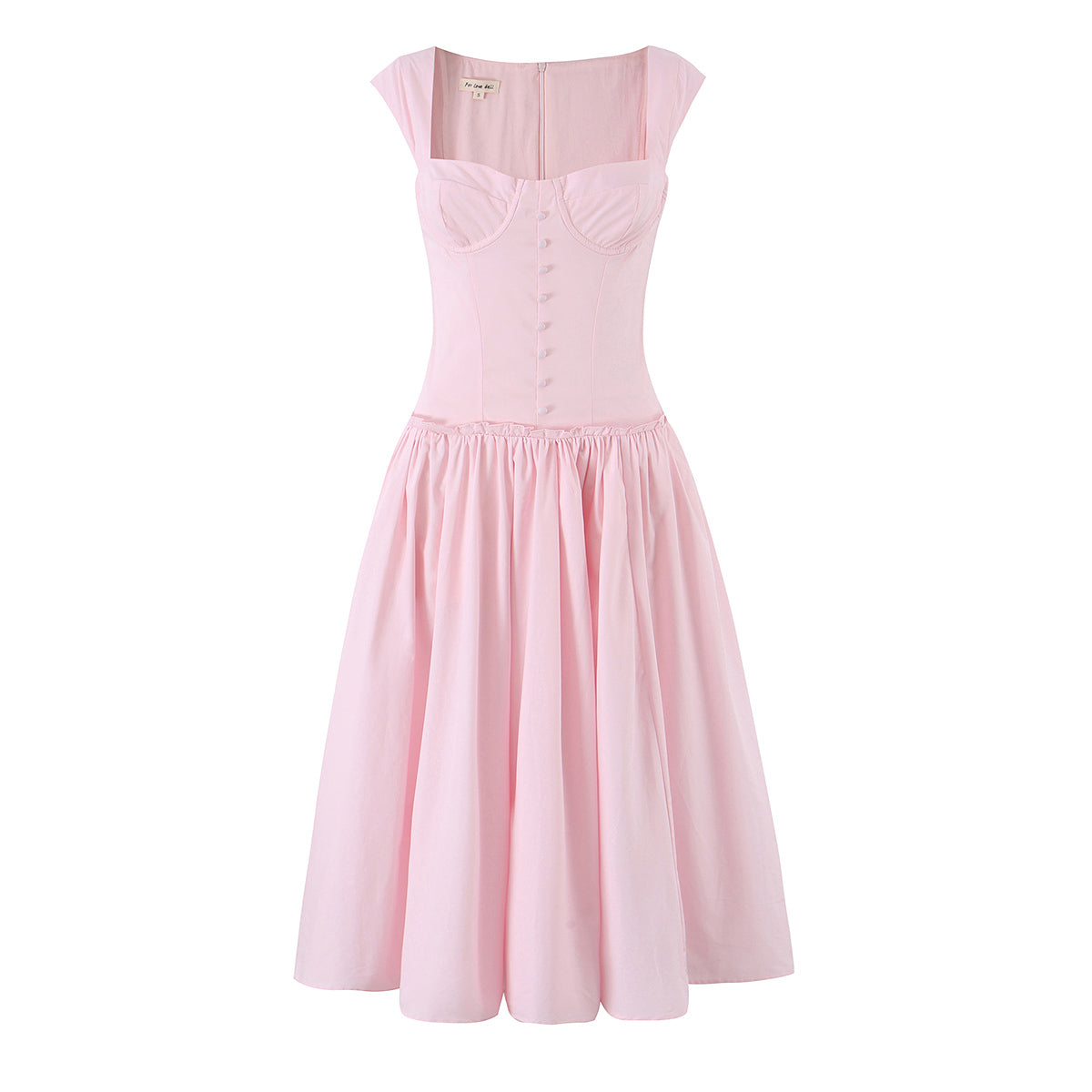 Pink sleeveless cocktail dress with buttoned bodice and tiered gathered skirt