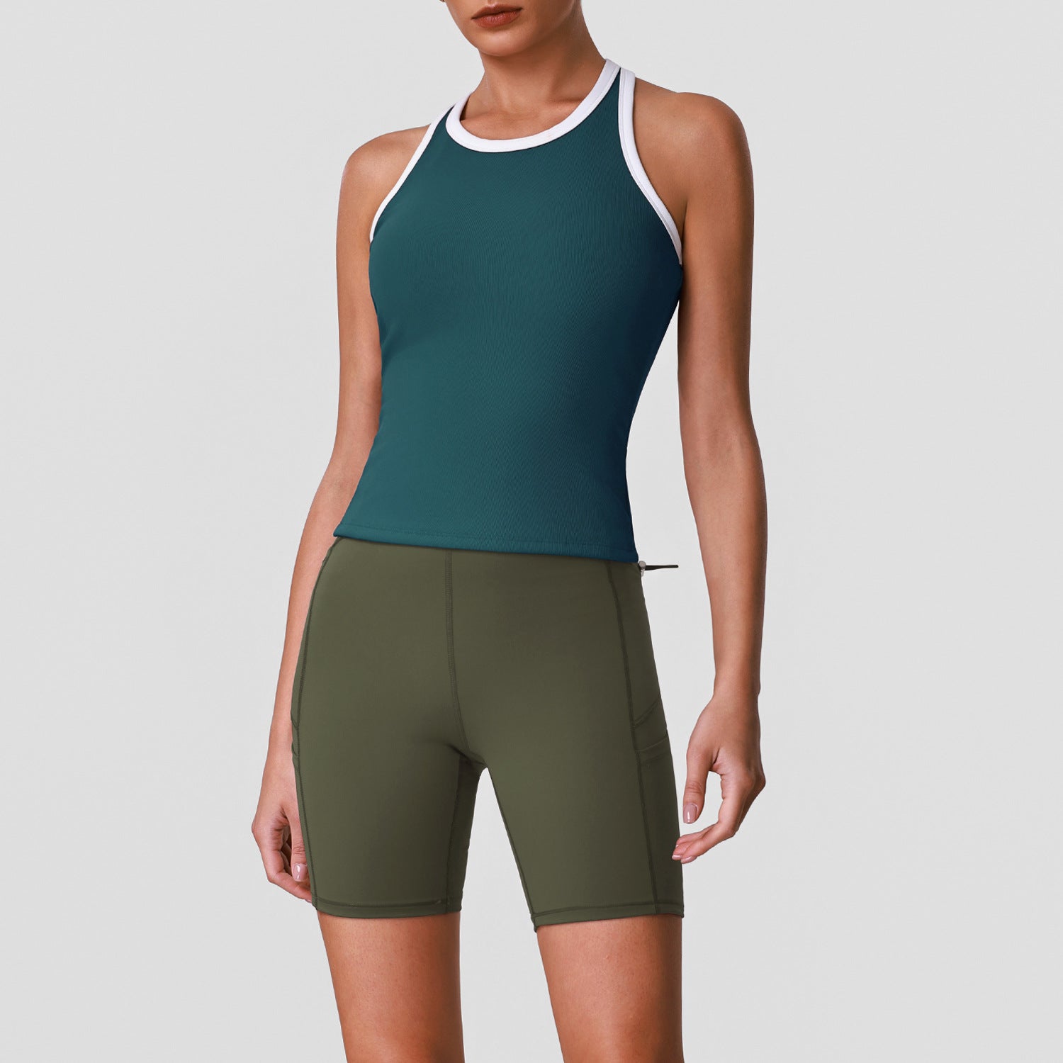 High Elastic Quick Drying Cycling Sports Shorts Fitness Contrast Color round Neck Sleeveless Vest Yoga Set for Women