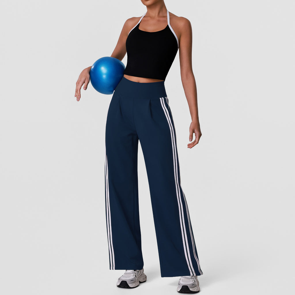 Contrast Color Striped Sports Set Casual Wide Leg Pants Two Piece Fitness Running Halterneck Vest with Pad