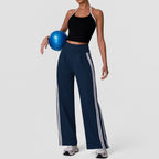 Contrast Color Striped Sports Set Casual Wide Leg Pants Two Piece Fitness Running Halterneck Vest with Pad