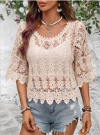 Women Summer Lace Knit Solid Color Round Neck Top