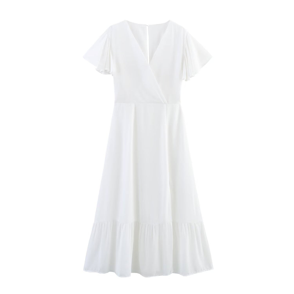 Women's mini chiffon dress, white, V-neck short sleeves, tie waist, tiered skirt