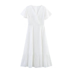 Women's mini chiffon dress, white, V-neck short sleeves, tie waist, tiered skirt