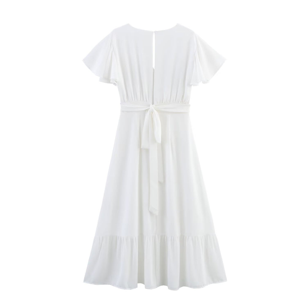 Women's mini chiffon dress, white, V-back short sleeves, tie-waist tiered hem