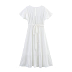 Women's mini chiffon dress, white, V-back short sleeves, tie-waist tiered hem
