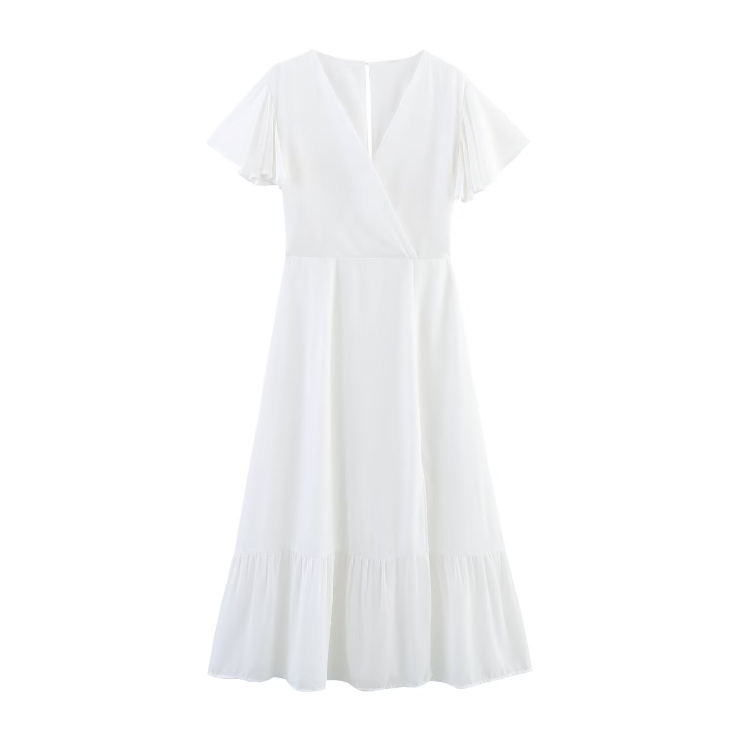 Women's mini chiffon dress, white, V-neck short sleeves, ruched waist and tiered hem