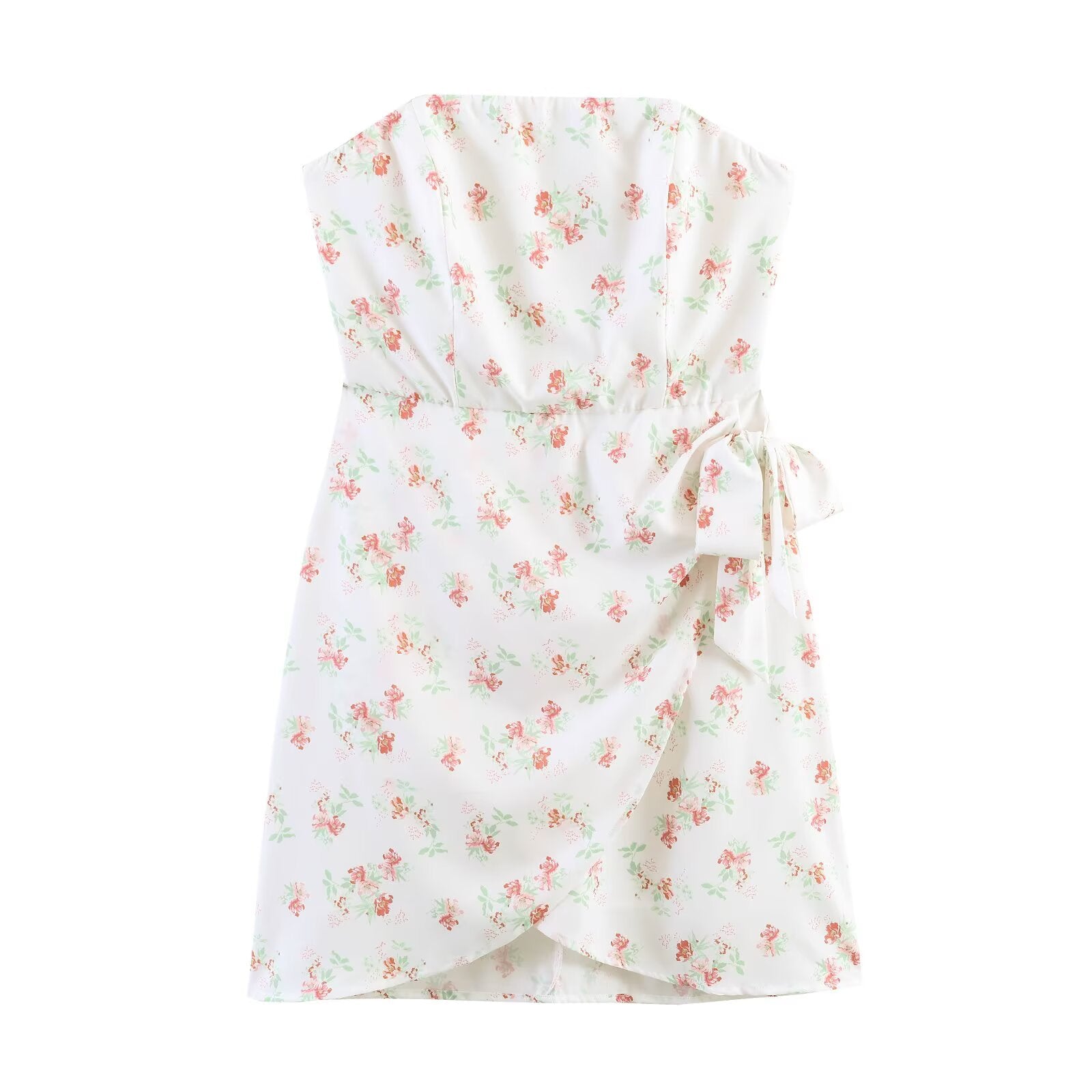 Floral strapless wrap dress with gathered bodice and side tie detail