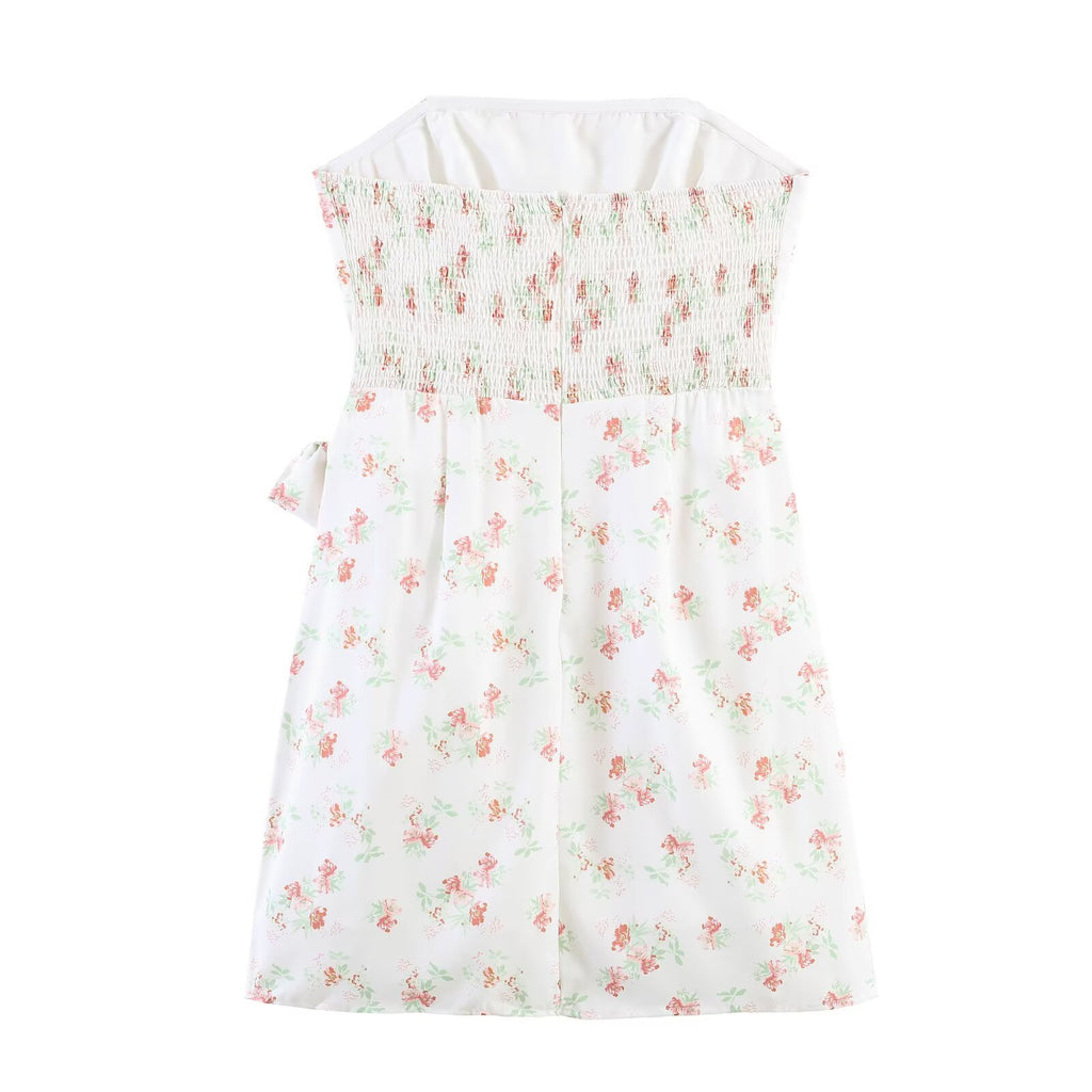 Floral strapless wrap spring dress with smocked back and pleated skirt