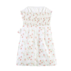 Floral strapless wrap spring dress with smocked back and pleated skirt