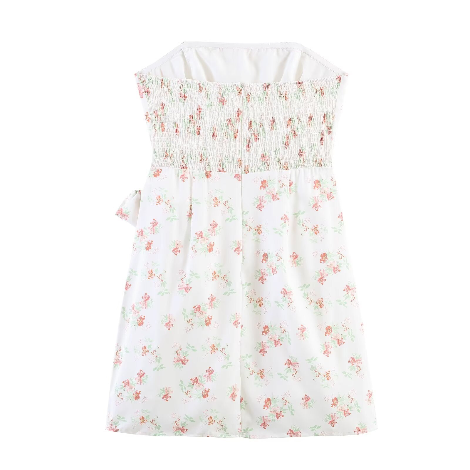Floral strapless wrap spring dress with smocked back and pleated skirt
