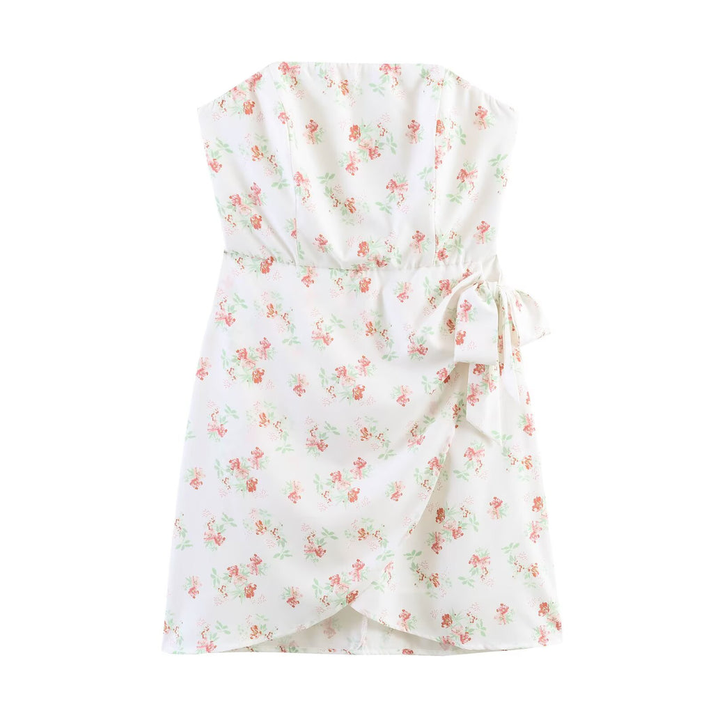 Floral wrap spring dress with ruched bodice, layered skirt and side ties