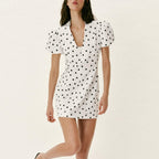 Women's white polka-dot spring dress, V-neck with puff sleeves, short A-line hem