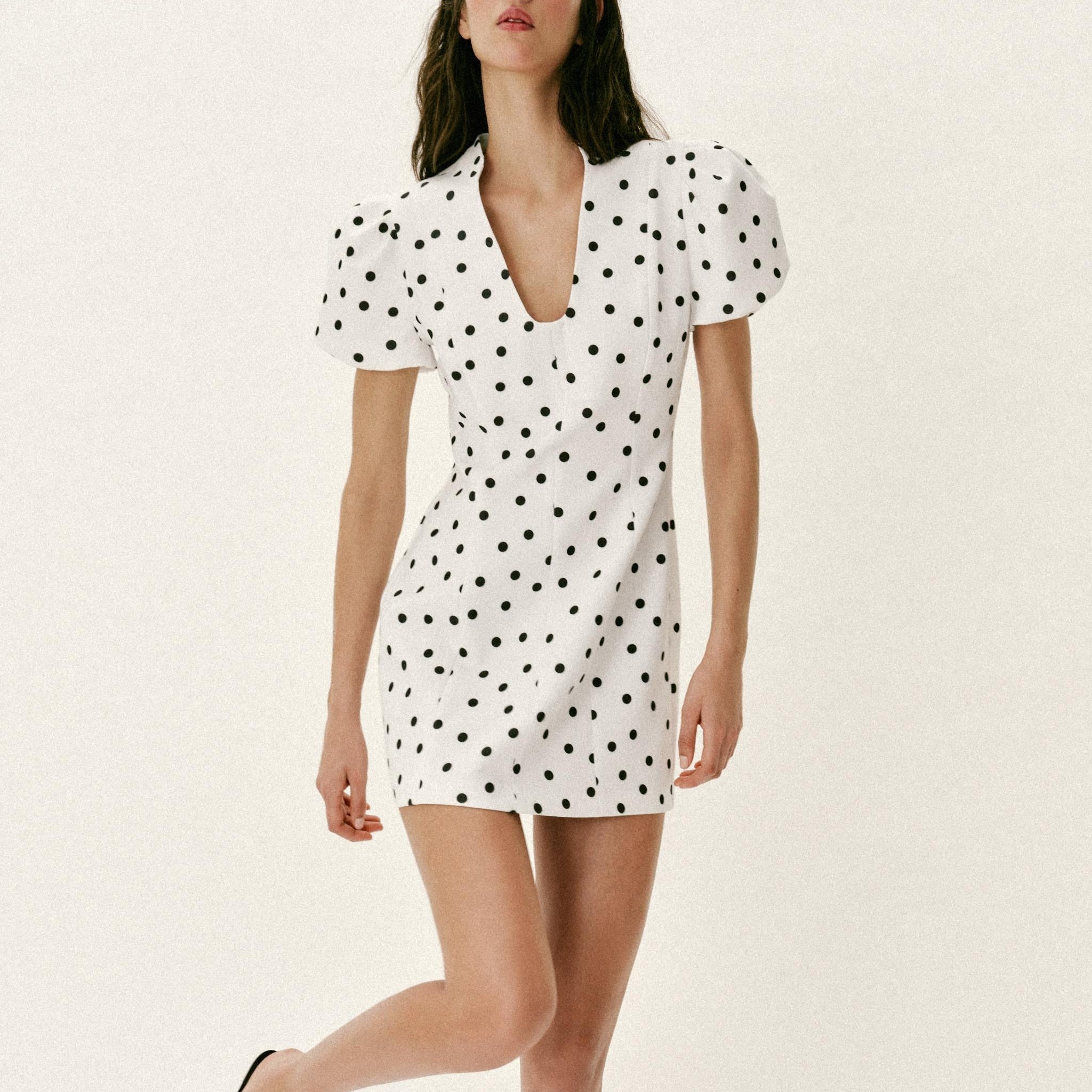 Women's white polka-dot spring dress, V-neck with puff sleeves, short A-line hem