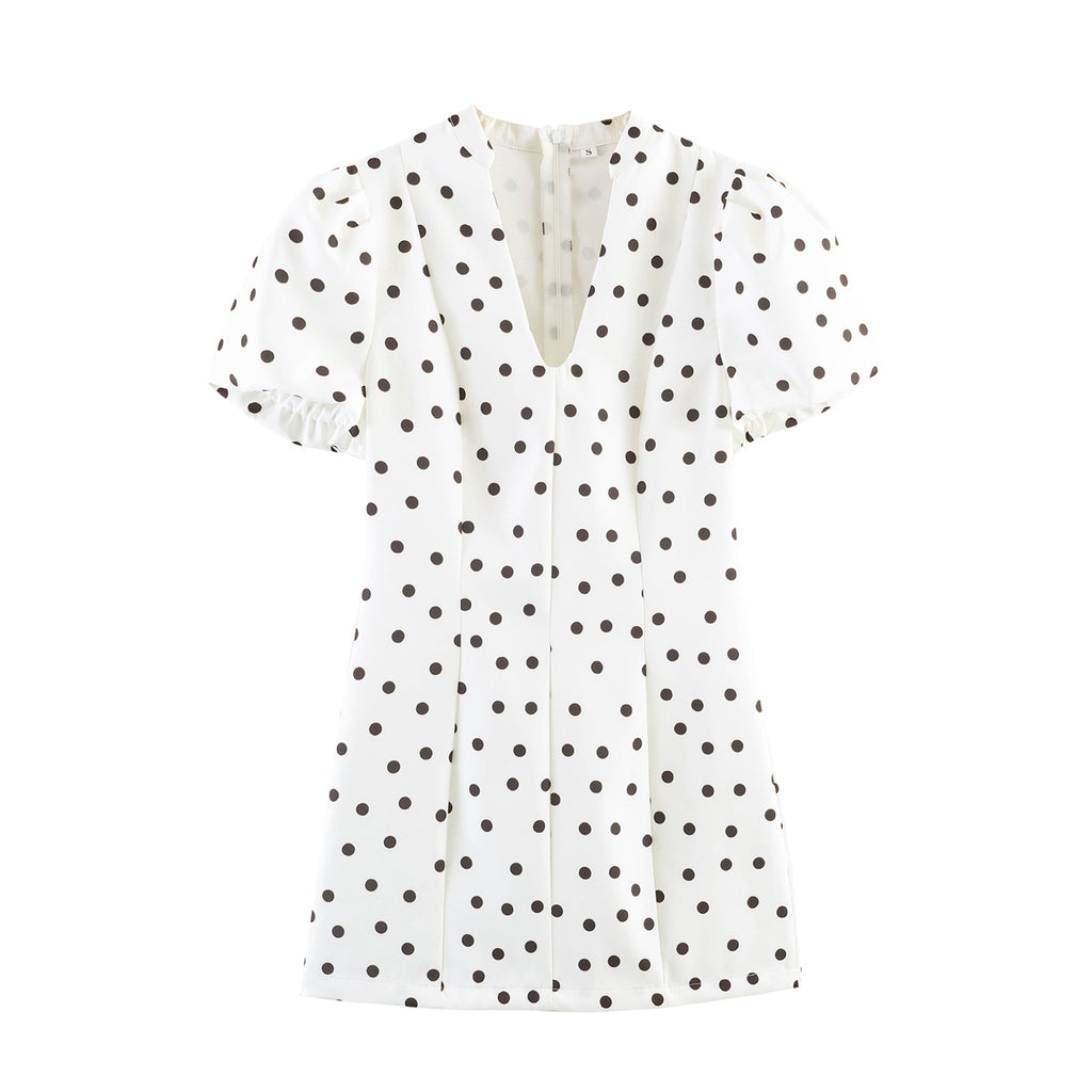 White polka-dot spring dress, V-neck and button front, short puff sleeves