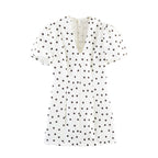 White polka-dot spring dress, V-neck and button front, short puff sleeves