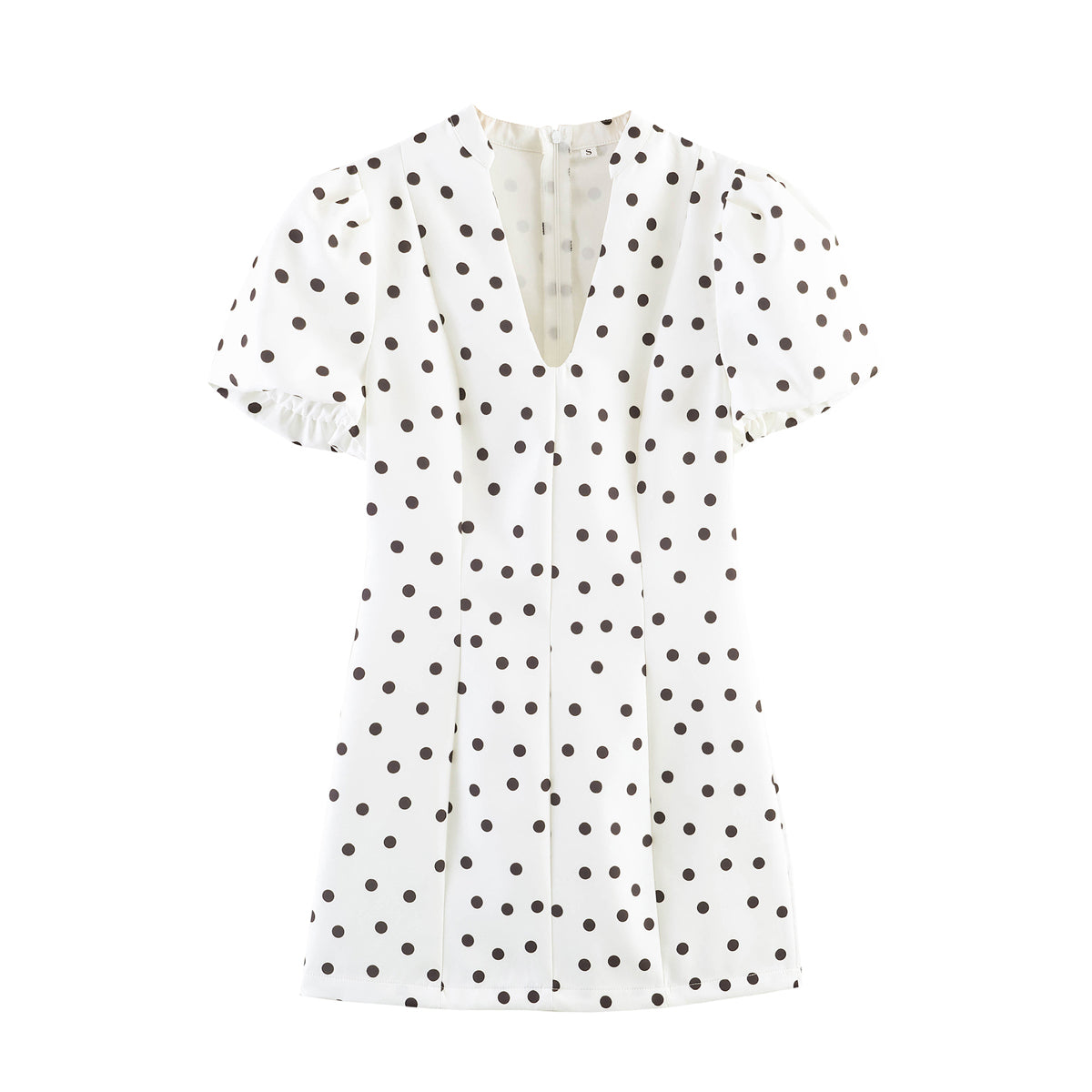 White polka-dot spring dress, V-neck and button front, short puff sleeves