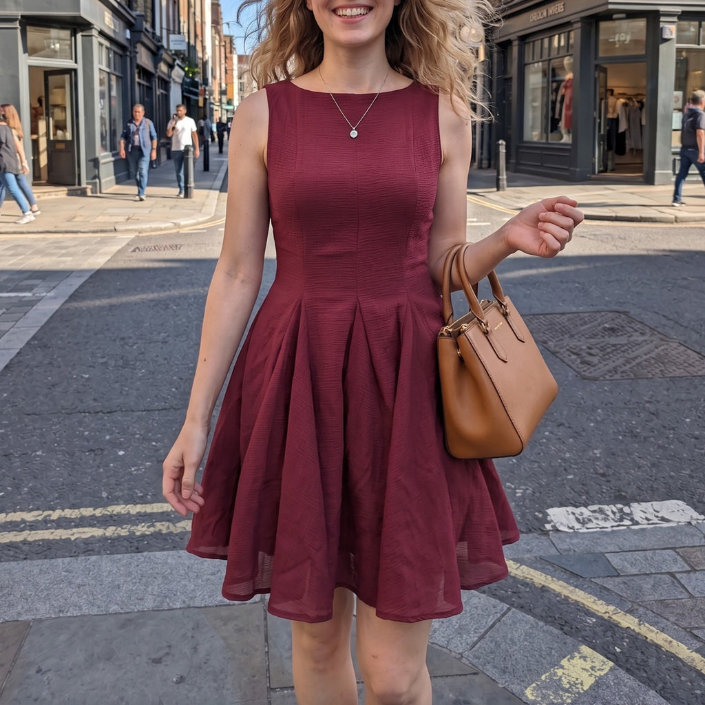 Burgundy midi sleeveless dress with pleated skirt and fitted bodice