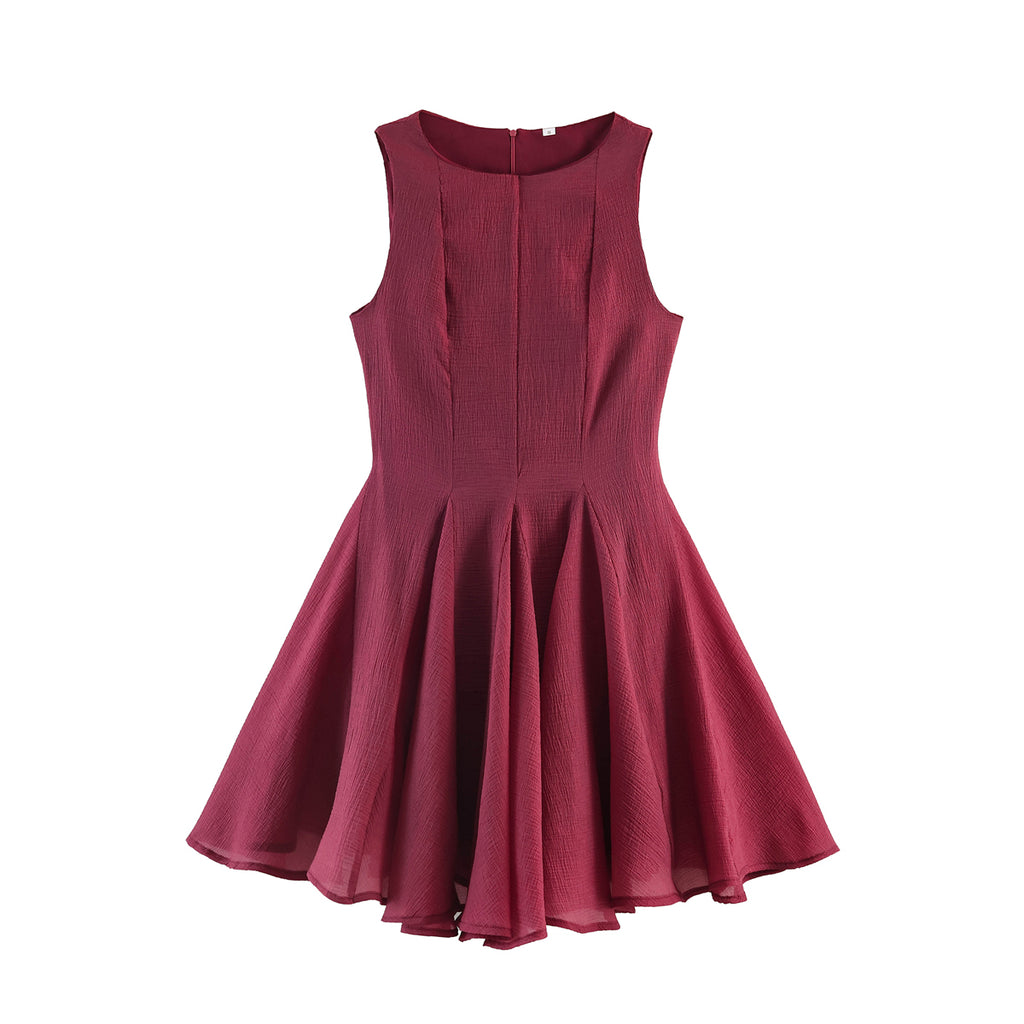 Burgundy sleeveless midi dress with round neckline and pleated flared skirt