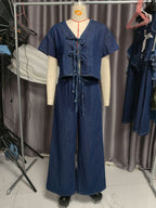 Summer Denim V neck Lace up Short Top EW WL Pants Two Piece