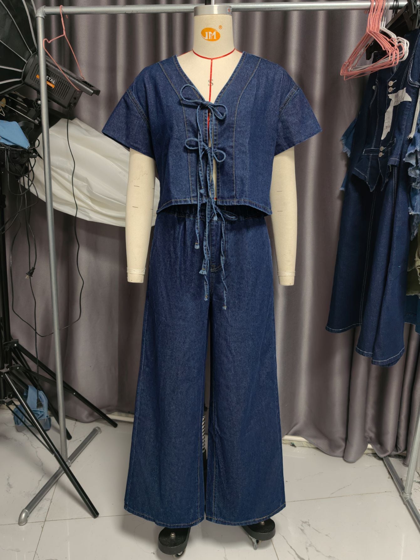 Summer Denim V neck Lace up Short Top EW WL Pants Two Piece