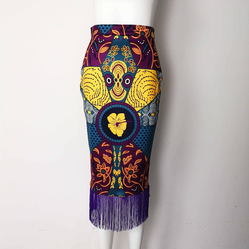 Women's High Waist Print Stitching Tassel Hip Skirt