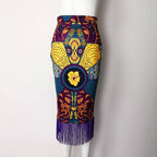 Women's High Waist Print Stitching Tassel Hip Skirt