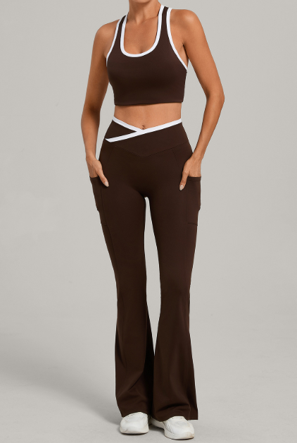 Autumn Sand Splicing Contrast Color Yoga U Collar Vest Tight Yoga Women Running Sports Fitness Two Piece Sets
