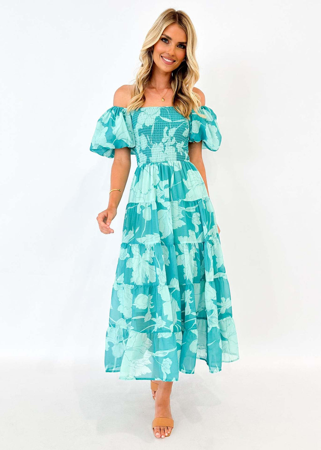 Green chiffon summer dress with off-shoulder neckline, puff sleeves, flowing tiered silhouette