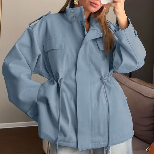 Light blue cotton turtleneck parka, cinched waist with front button placket