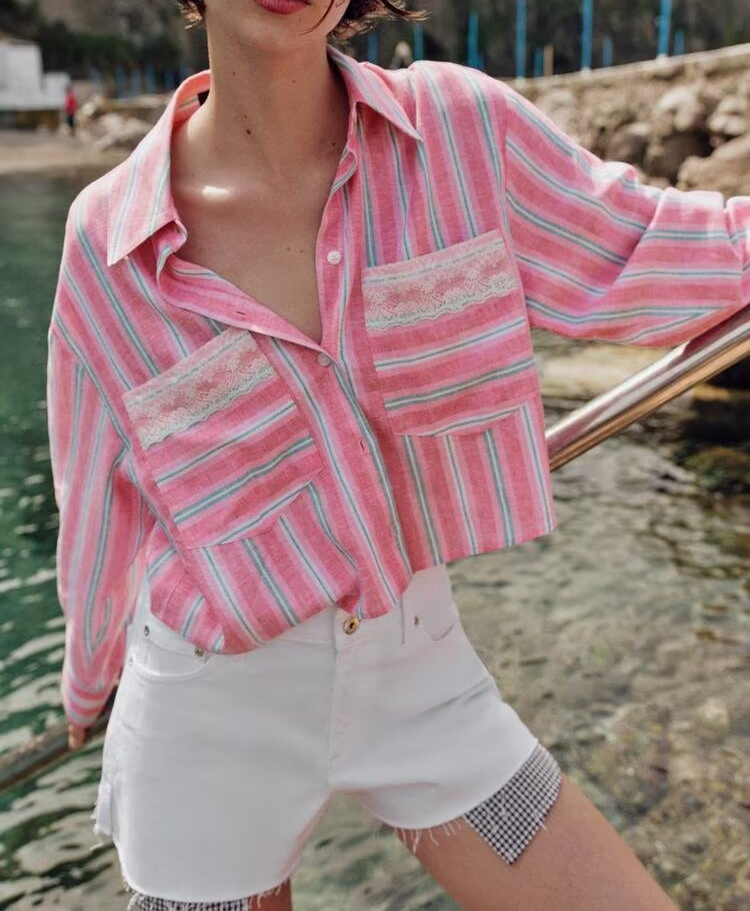 Women Clothing Summer Design Niche Lace Striped Shirt