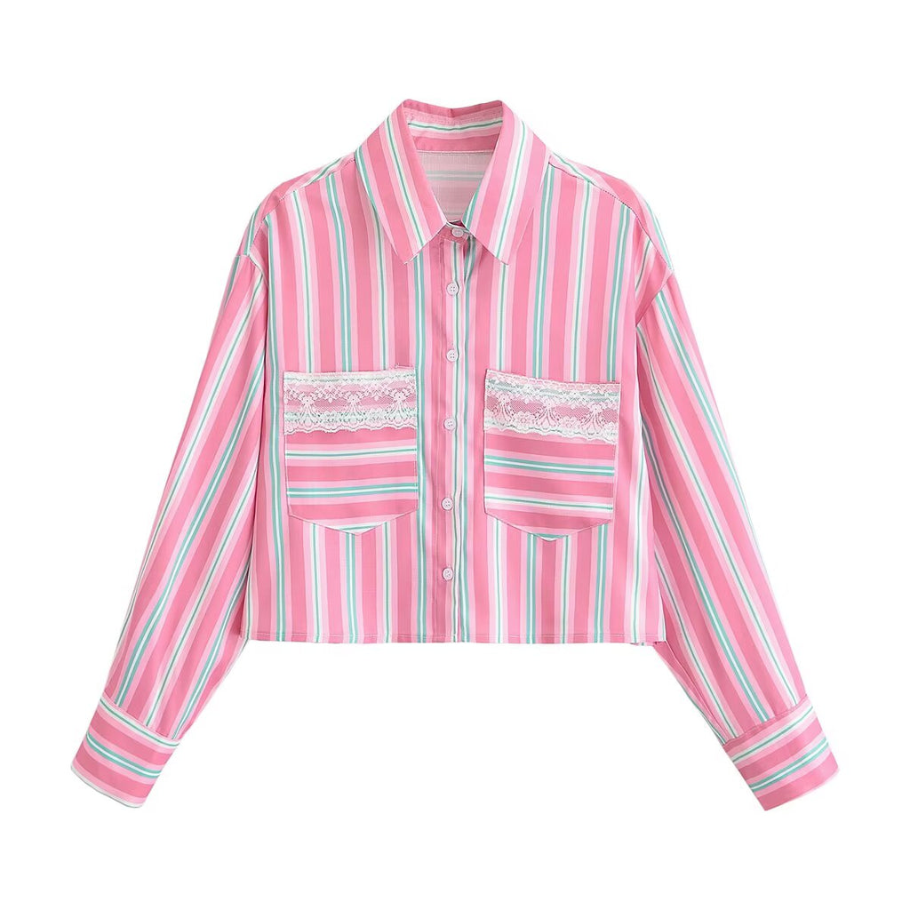 Women Clothing Summer Design Niche Lace Striped Shirt